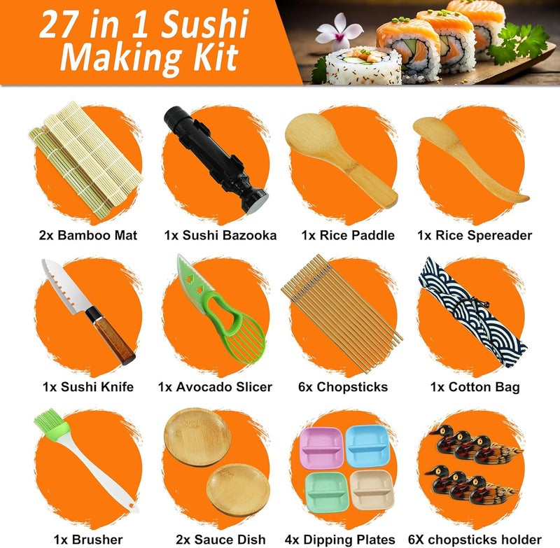 TIMDAM Sushi Making Kit, 27 Pcs Sushi Maker Kit for Beginners, Sushi Roller Kit, Sushi Kit with Sushi Mat, Sushi Bazooka, Paddle & More, Sushi Making Tools Sushi Kit, DIY Sushi Set Kitchen Accessories - Image 2